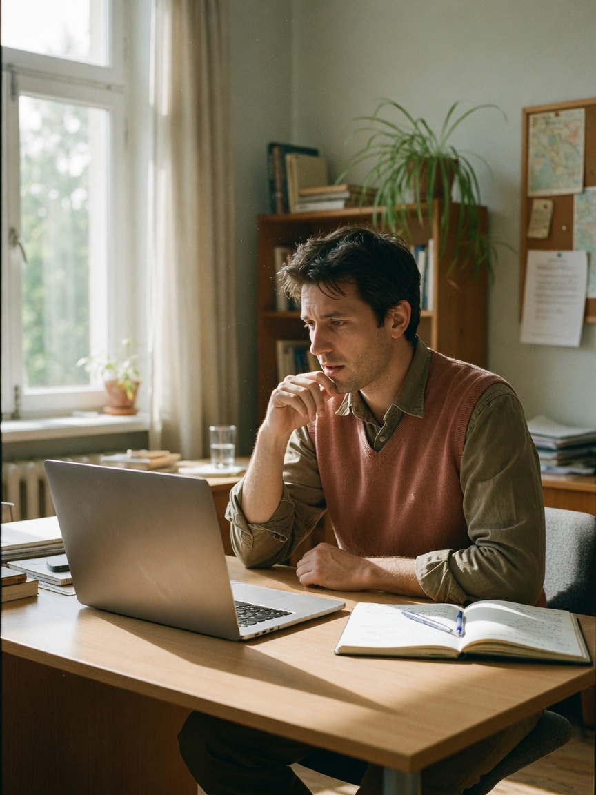 A professional thinking at a sunlit desk