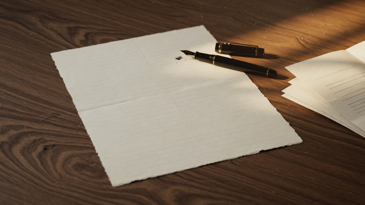 A blank page and a fountain pen on a walnut desk