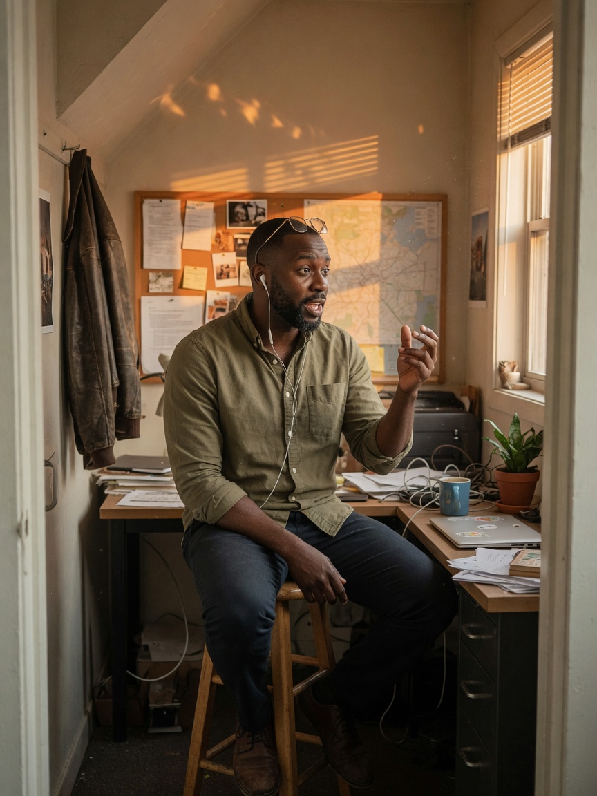 A professional on a call from a small studio office